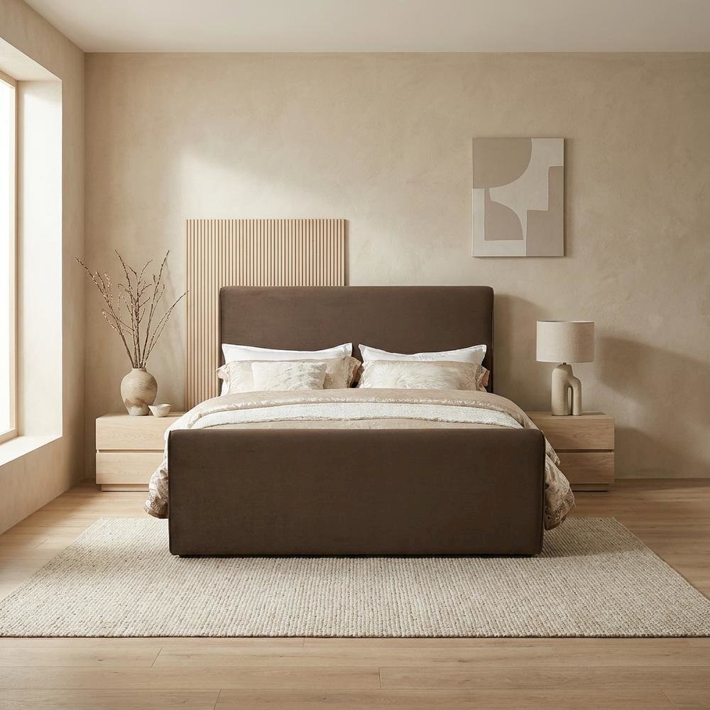 Velvet King Platform Bed with Panel Headboard and Footboard, Brown Velvet