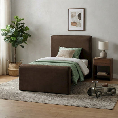 Sloan Velvet Upholstered Platform Bed with Panel Headboard, Brown Velvet, Twin