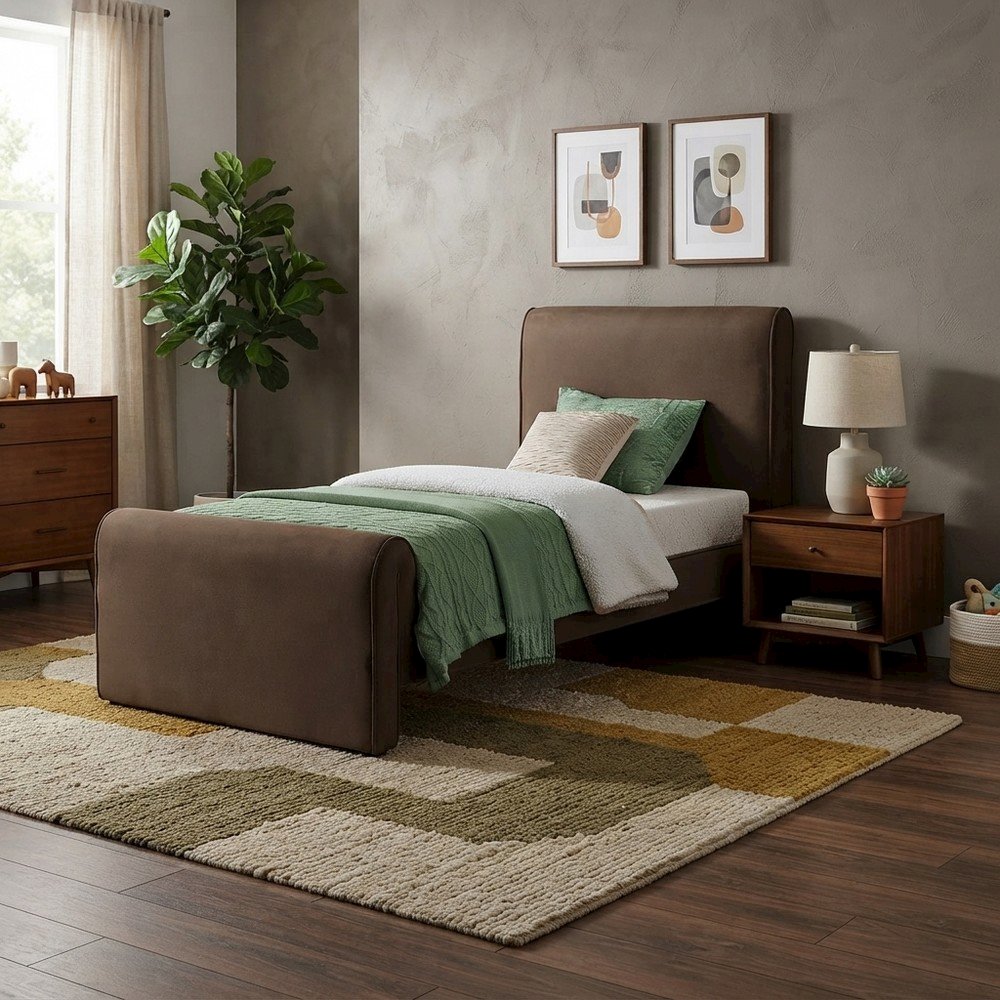 Sloan Velvet Upholstered Platform Bed with Panel Headboard, Brown Velvet, Twin