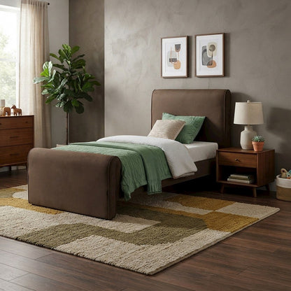 Sloan Velvet Upholstered Platform Bed with Panel Headboard, Brown Velvet, Twin