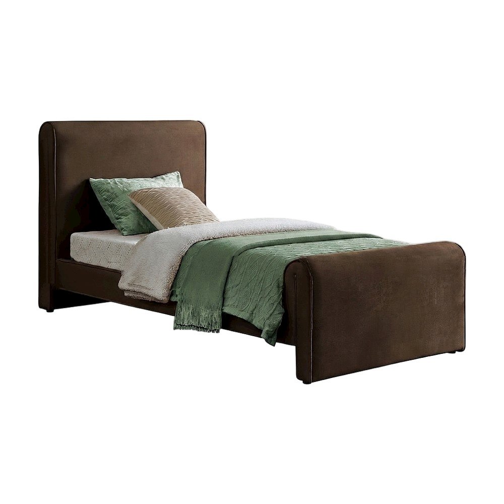 Sloan Velvet Upholstered Platform Bed with Panel Headboard, Brown Velvet, Twin