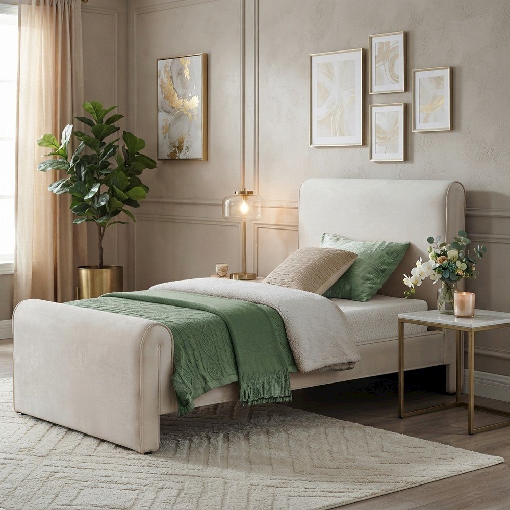 Sloan Velvet Upholstered Platform Bed with Panel Headboard, Cream Velvet, Twin