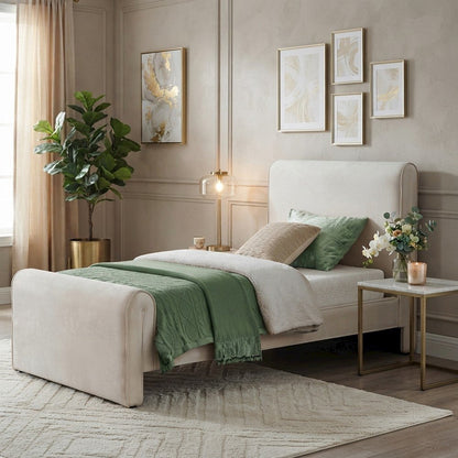 Sloan Velvet Upholstered Platform Bed with Panel Headboard, Cream Velvet, Twin