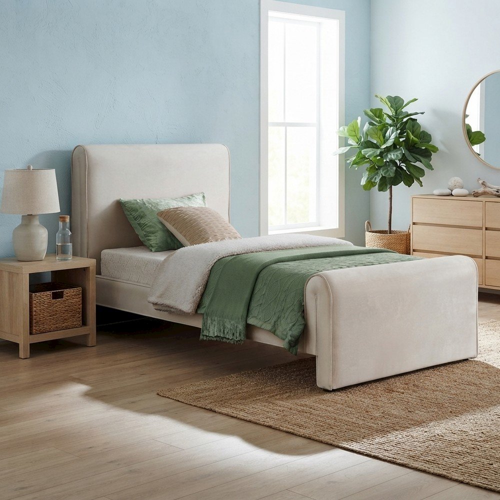Sloan Velvet Upholstered Platform Bed with Panel Headboard, Cream Velvet, Twin