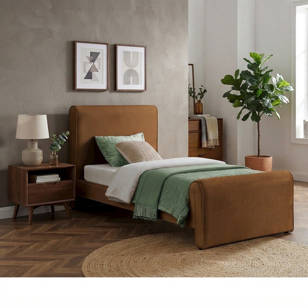 Sloan Velvet Upholstered Platform Bed with Panel Headboard, Saddle Velvet, Twin