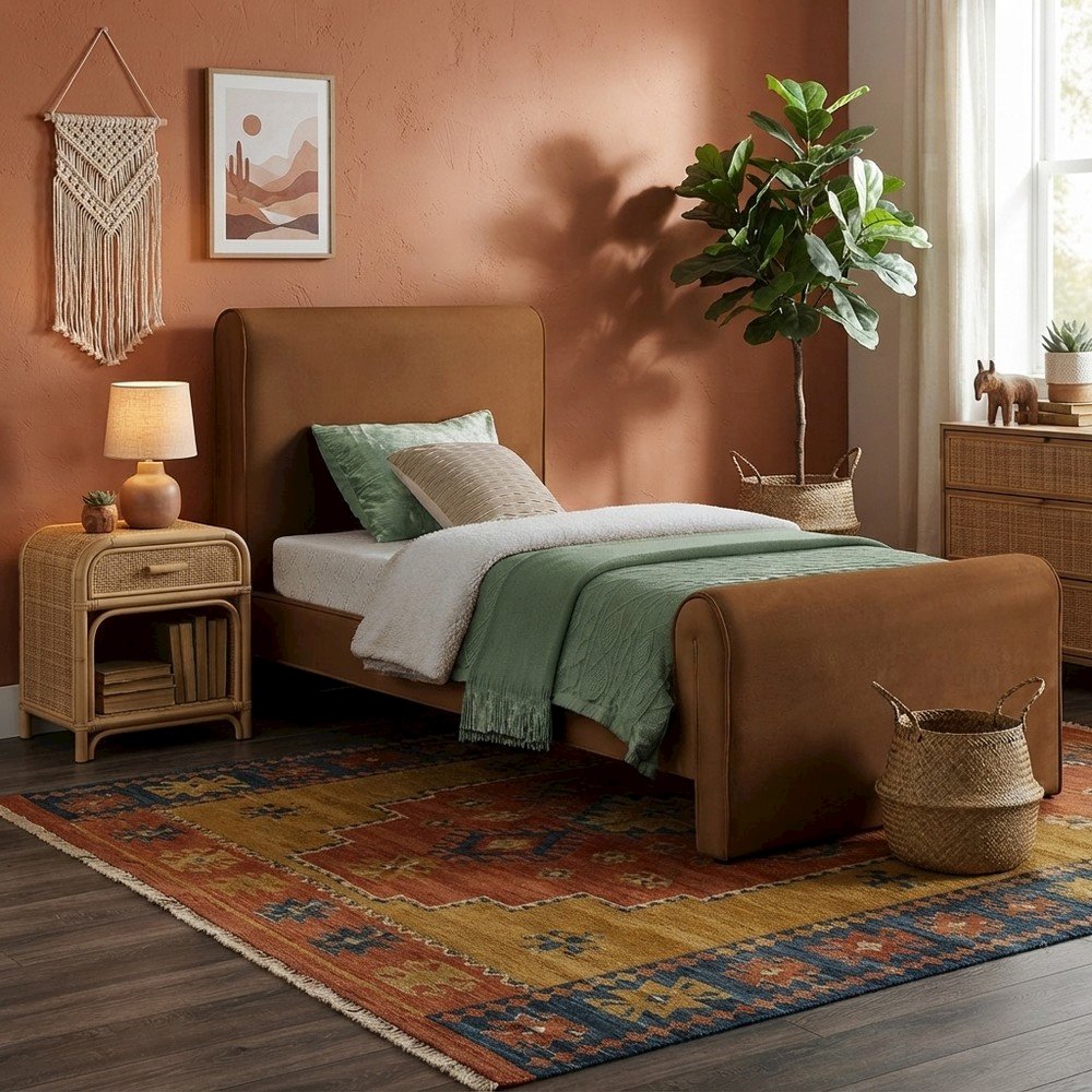 Sloan Velvet Upholstered Platform Bed with Panel Headboard, Saddle Velvet, Twin