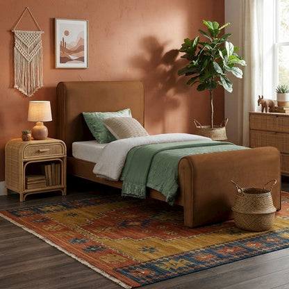Sloan Velvet Upholstered Platform Bed with Panel Headboard, Saddle Velvet, Twin