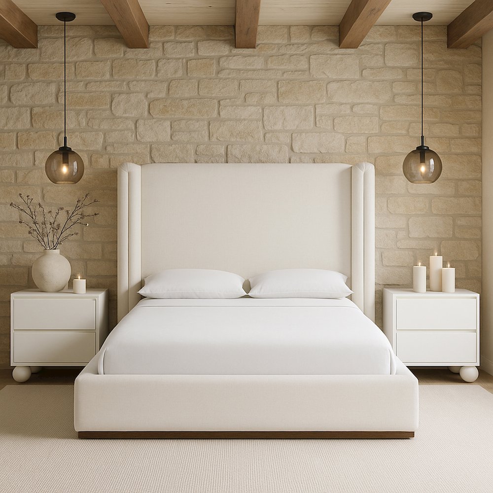 Solange Cream Linen Textured Fabric Upholstered King Bed