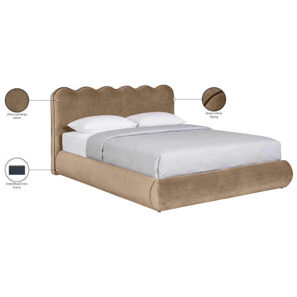 Tempo Beige Velvet Upholstered Queen Bed