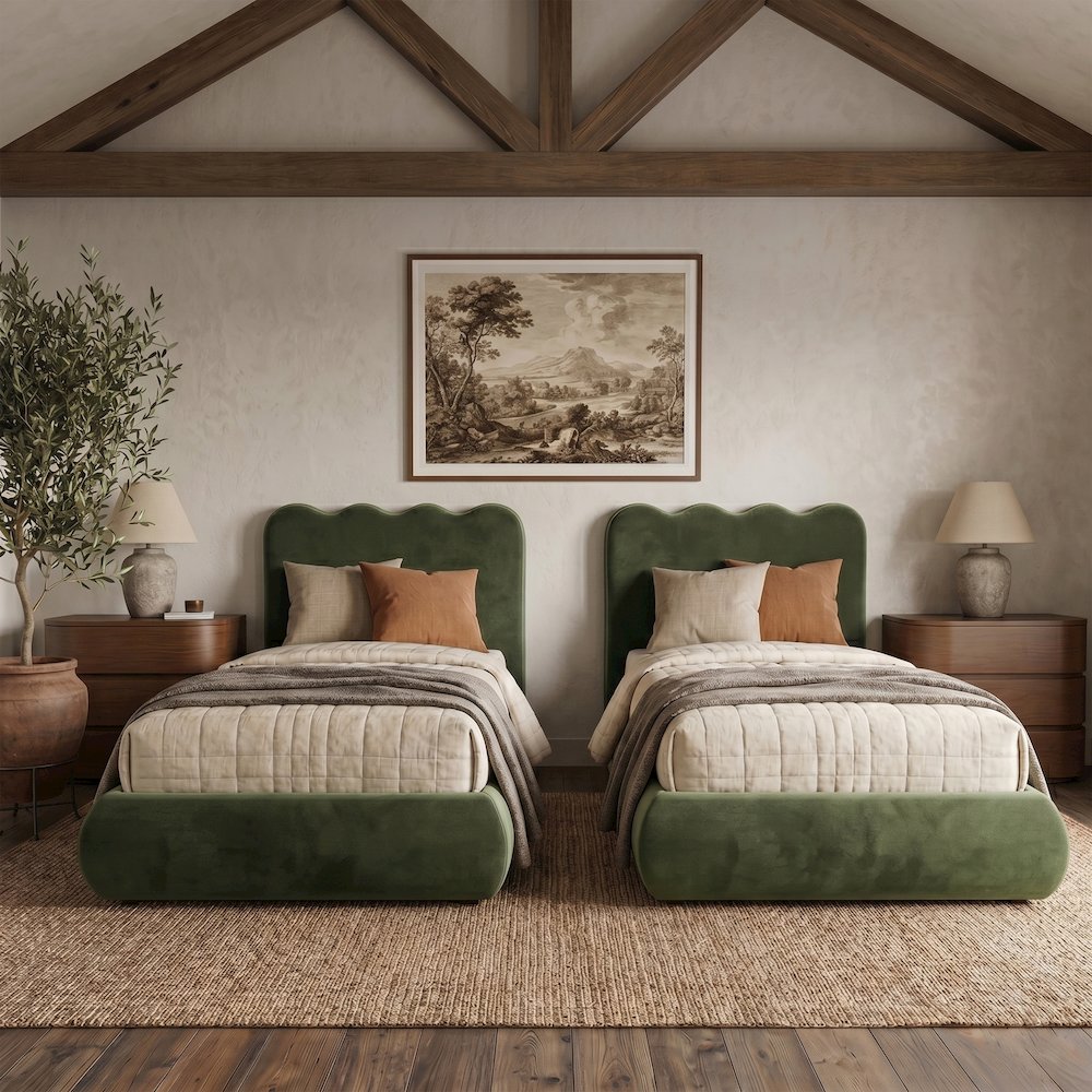 Tempo Green Velvet Upholstered Twin Bed