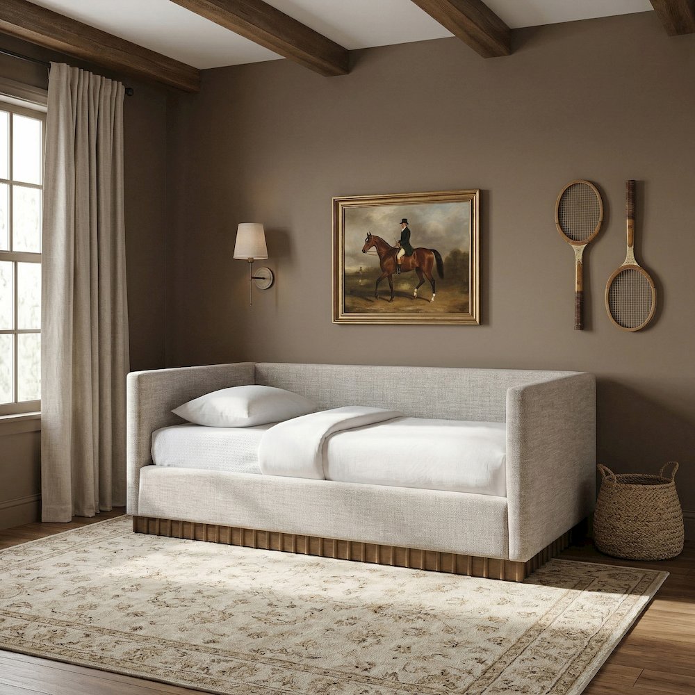 Teva Beige Linen Textured Fabric Upholstered Twin Daybed