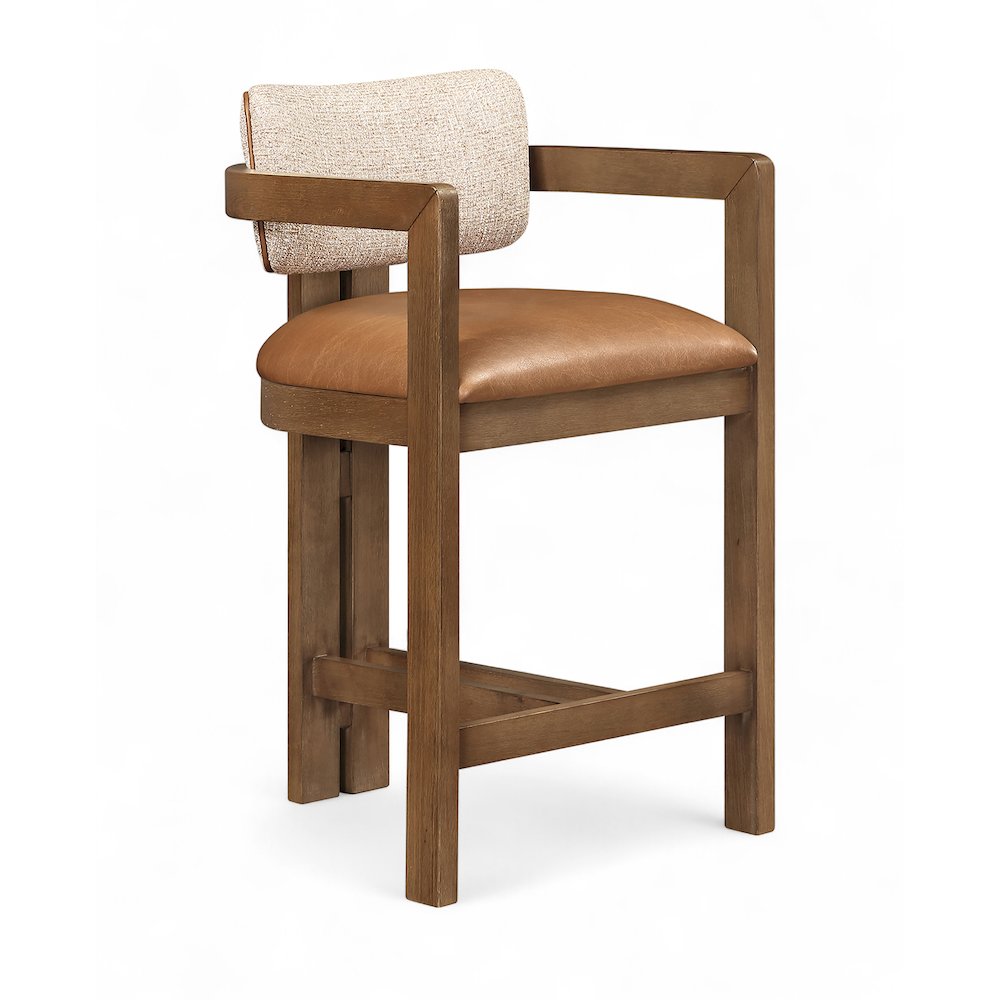 Ravina Cognac Vegan Leather and Linen Textured Fabric Upholstered Counter Stool