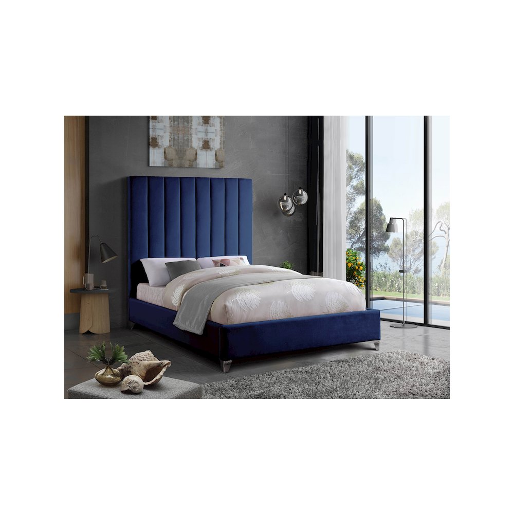 Via Navy Velvet Queen Bed