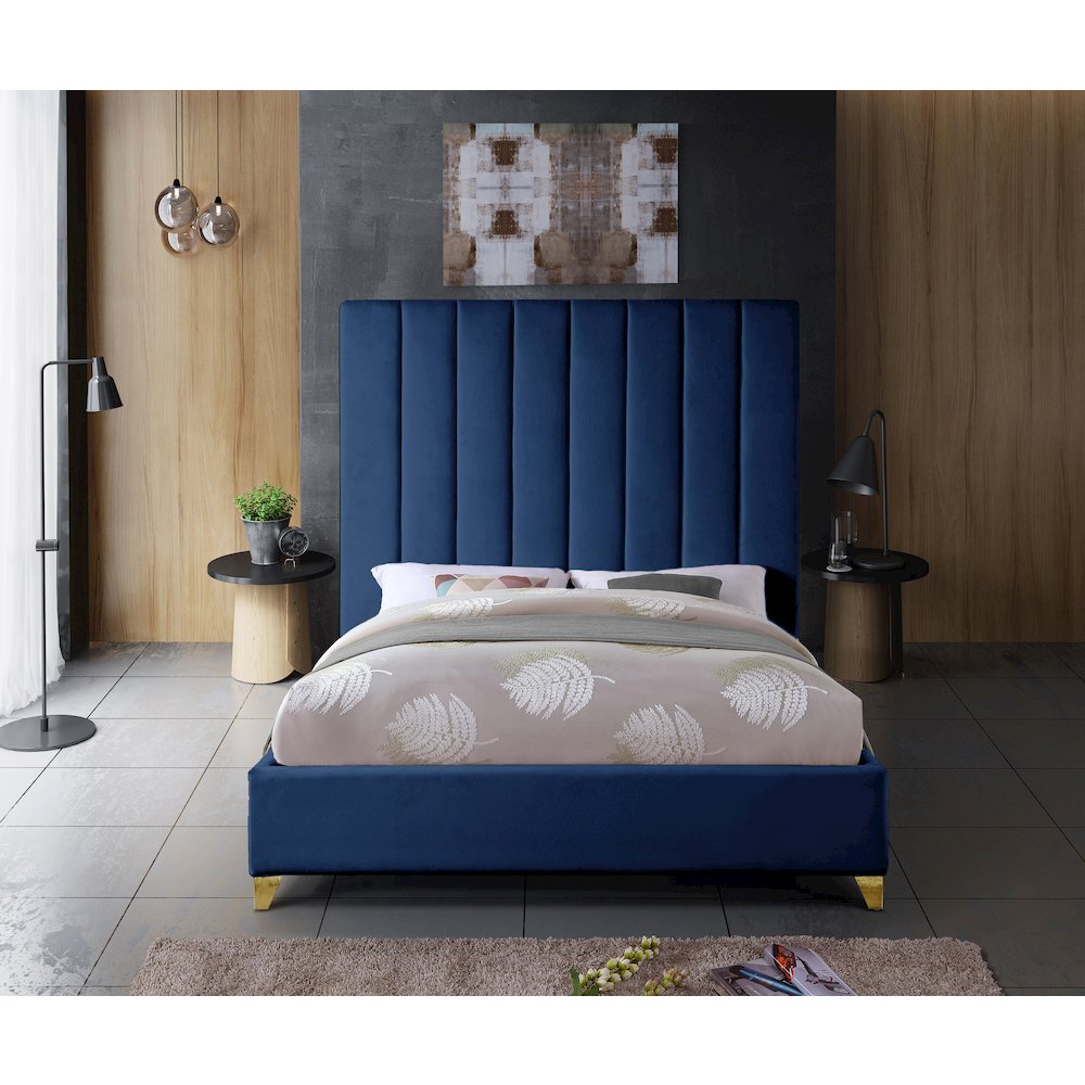 Via Navy Velvet Queen Bed