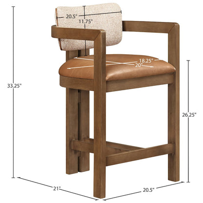 Ravina Cognac Vegan Leather and Linen Textured Fabric Upholstered Counter Stool