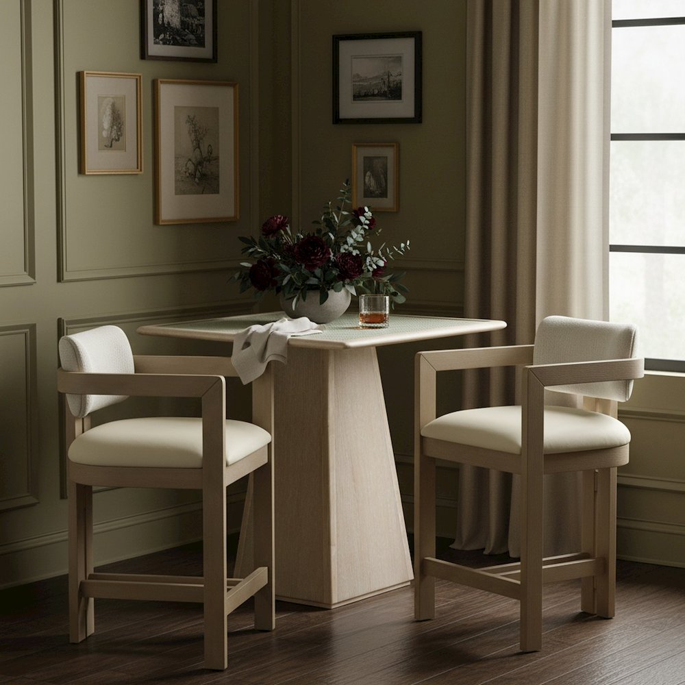 Ravina Cream Vegan Leather and Linen Textured Fabric Upholstered Counter Stool