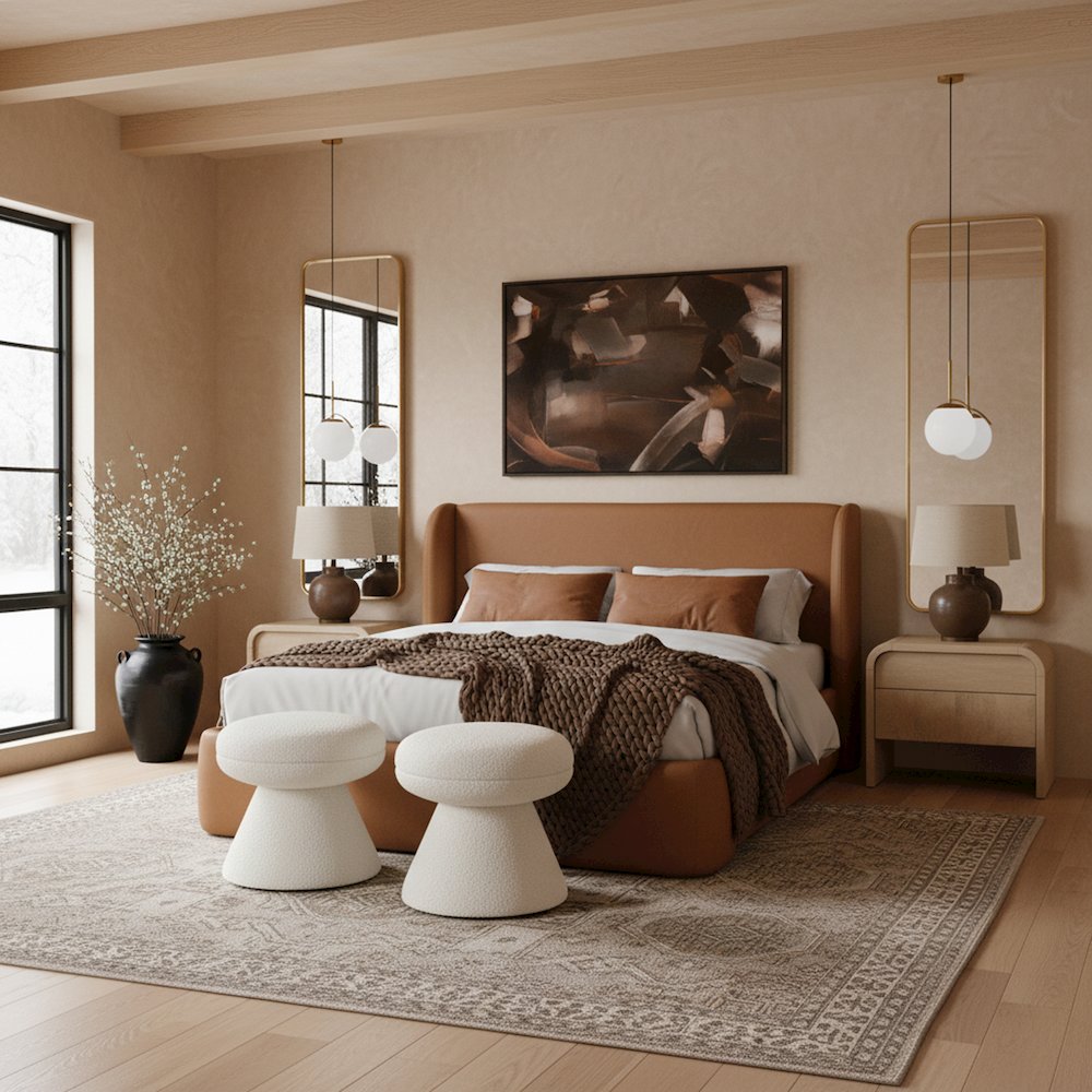 Warby Cognac Vegan Leather Upholstered King Bed