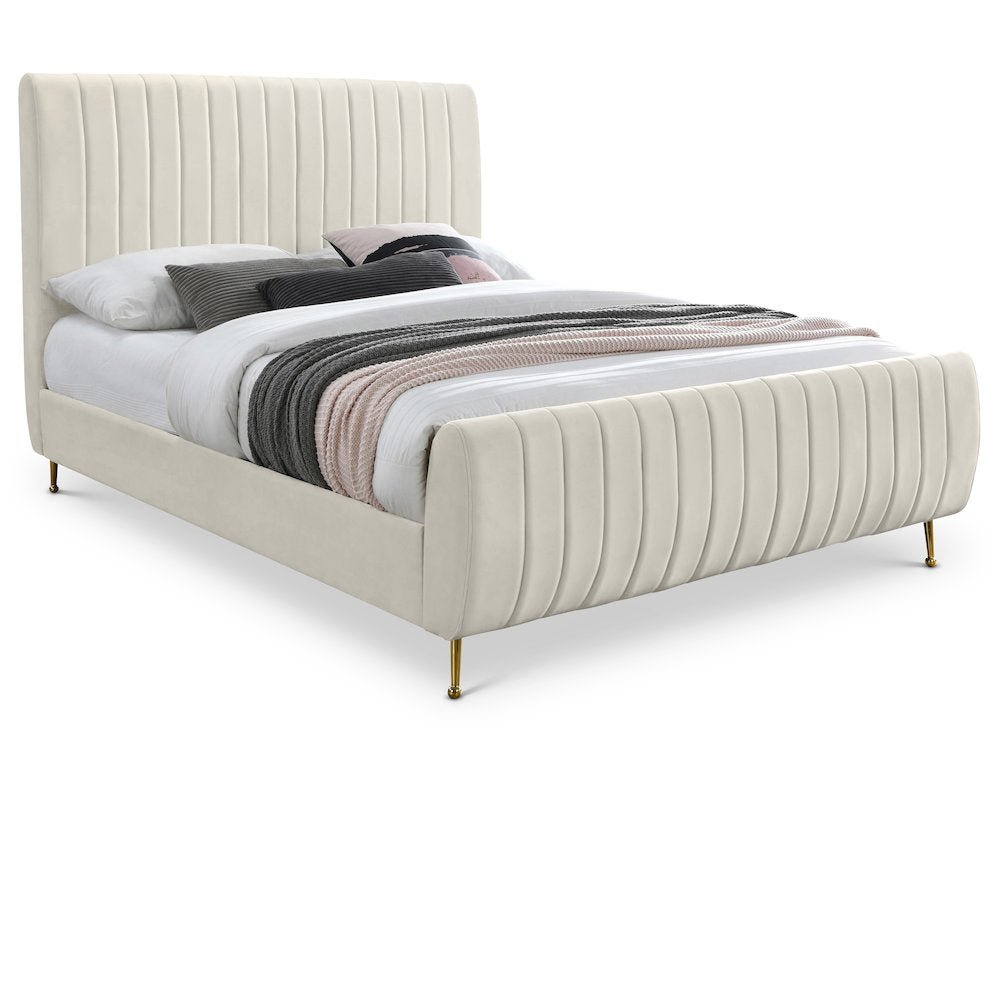 Velvet Upholstered King Platform Bed Frame with Tufted Headboard, Cream Velvet