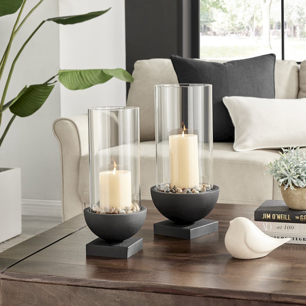 Black Metal Pedestal and Glass Pillar Hurricane Candle Holder - Large