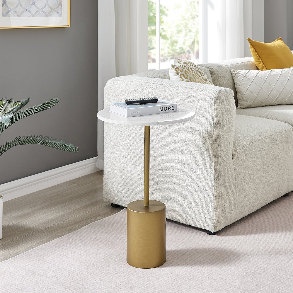 Fritz Pedestal Side Accent Table with Gold Metal Base Genuine White Marble Stone