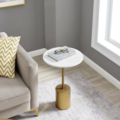 Fritz Pedestal Side Accent Table with Gold Metal Base Genuine White Marble Stone