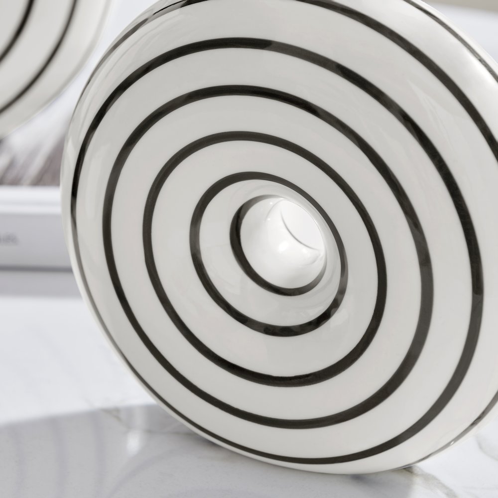 Etta 2 Piece Ceramic Black and White Striped Round Hollow Circle Donut Vase Set