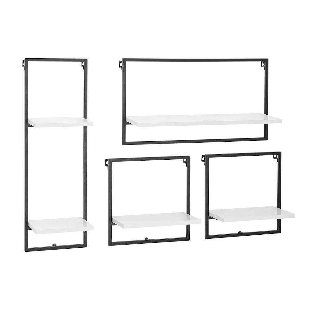 Framed Wall Art 4-Piece Modern Shelf Set - Black Metal Frame White MDF Shelves