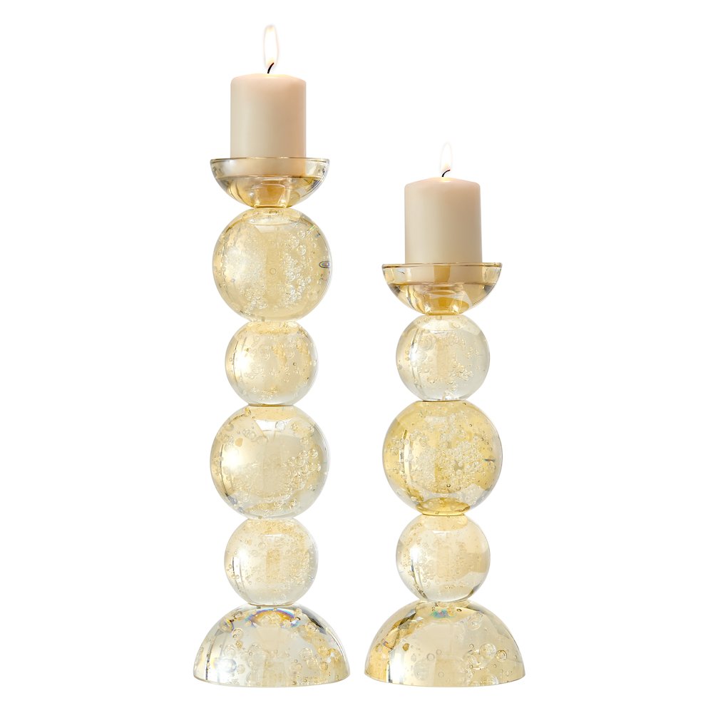 Enya Champagne Gold Tint Bubble Glass Stacked Orb Pillar Candle Holder Set of 2