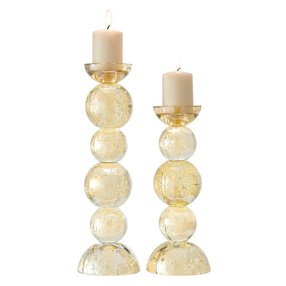 Enya Champagne Gold Tint Bubble Glass Stacked Orb Pillar Candle Holder Set of 2