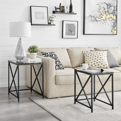 Modern Square Veneer Black Metal Frame Nesting End Tables Black Marble Set of 2