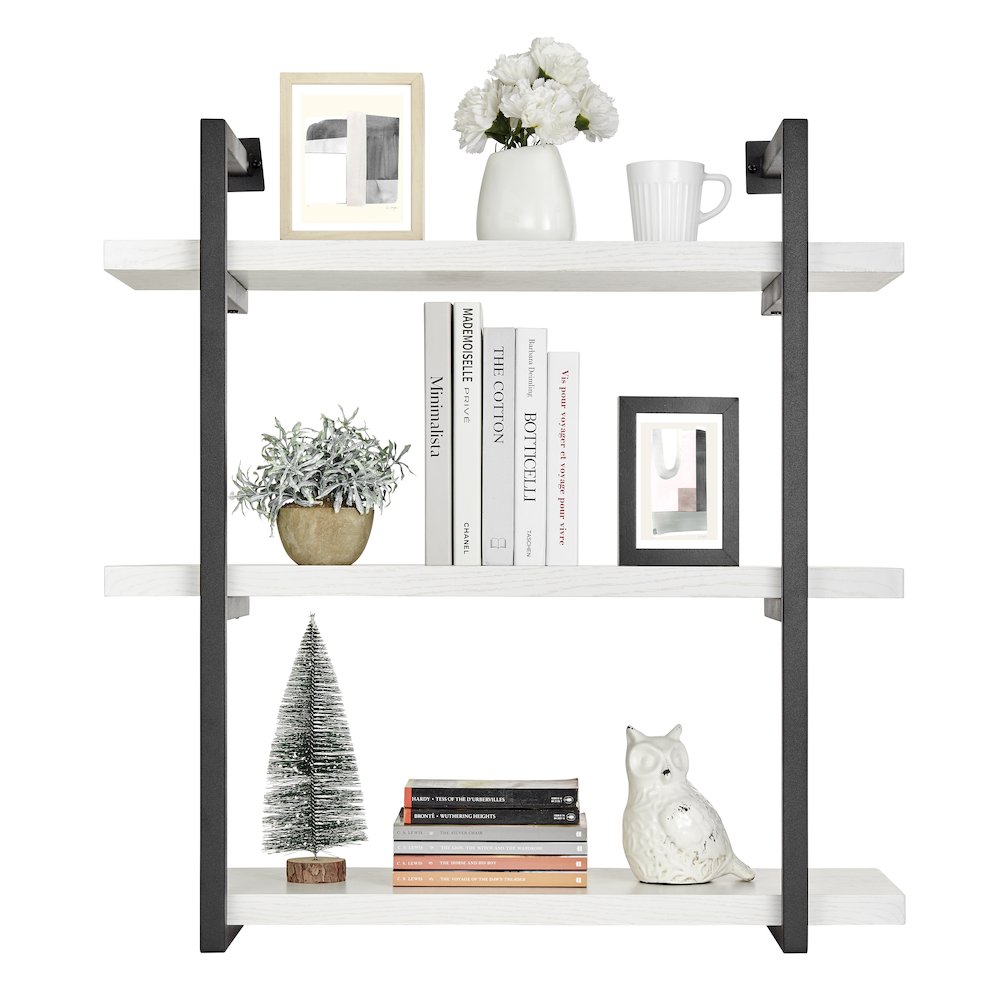 Modern 3-Tier Hanging Bracket Wall Shelves in Black Metal and White Birch Finish
