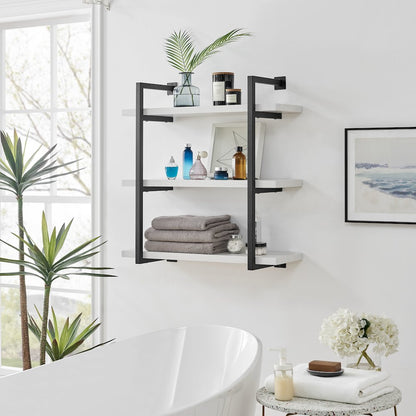 Modern 3-Tier Hanging Bracket Wall Shelves in Black Metal and White Birch Finish