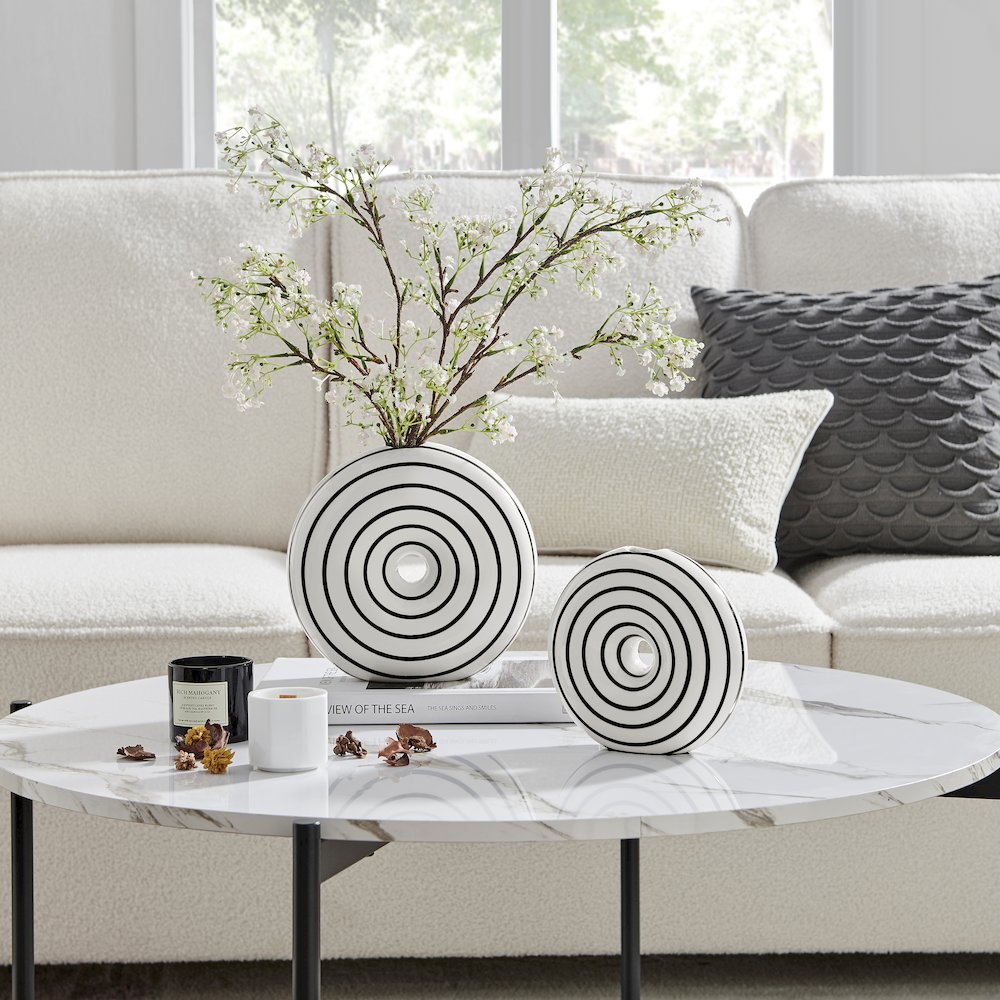 Etta 2 Piece Ceramic Black and White Striped Round Hollow Circle Donut Vase Set