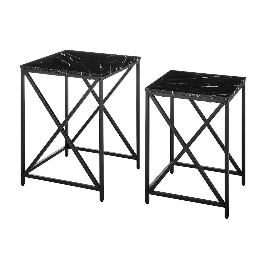 Modern Square Veneer Black Metal Frame Nesting End Tables Black Marble Set of 2