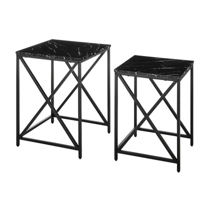 Modern Square Veneer Black Metal Frame Nesting End Tables Black Marble Set of 2