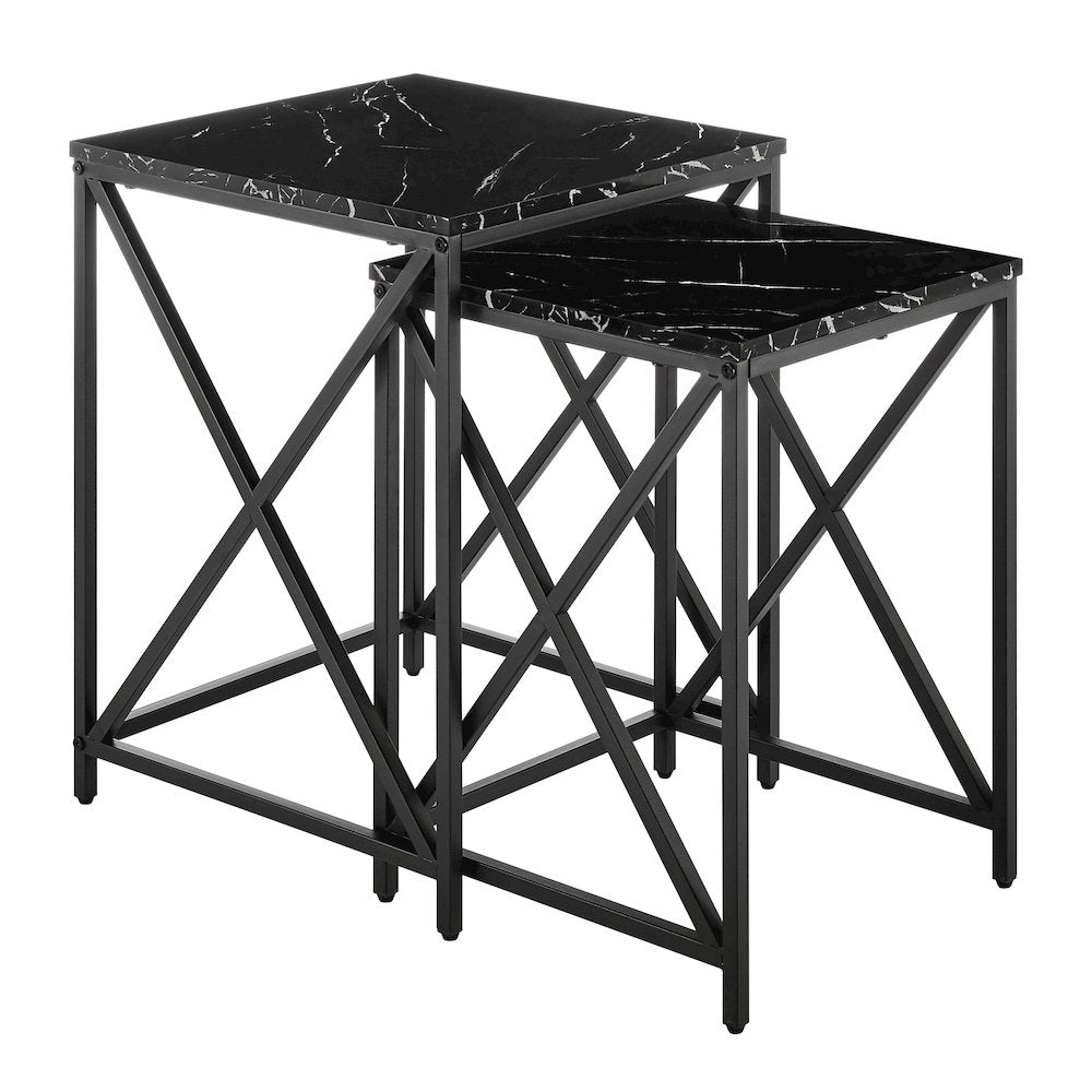 Modern Square Veneer Black Metal Frame Nesting End Tables Black Marble Set of 2