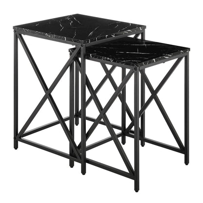 Modern Square Veneer Black Metal Frame Nesting End Tables Black Marble Set of 2