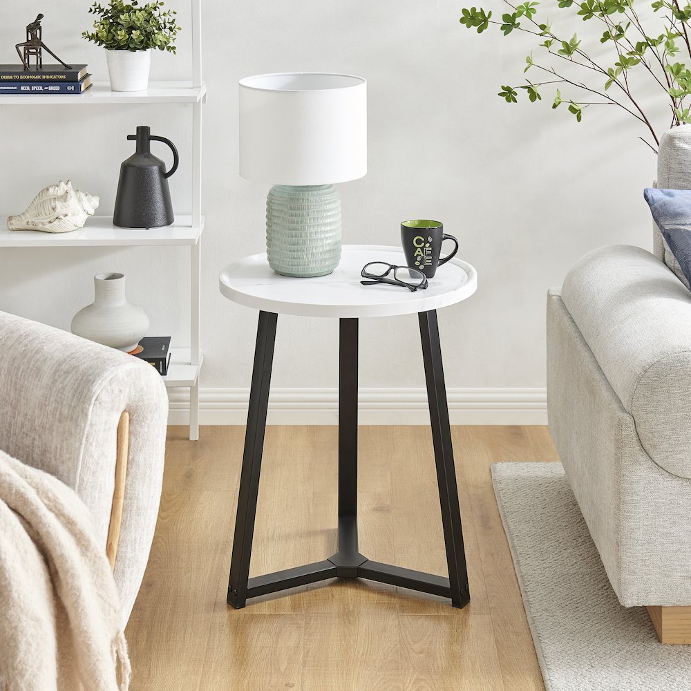 Harper Midcentury Round Raised Lip Edge Side Accent Table - White Marble/Black