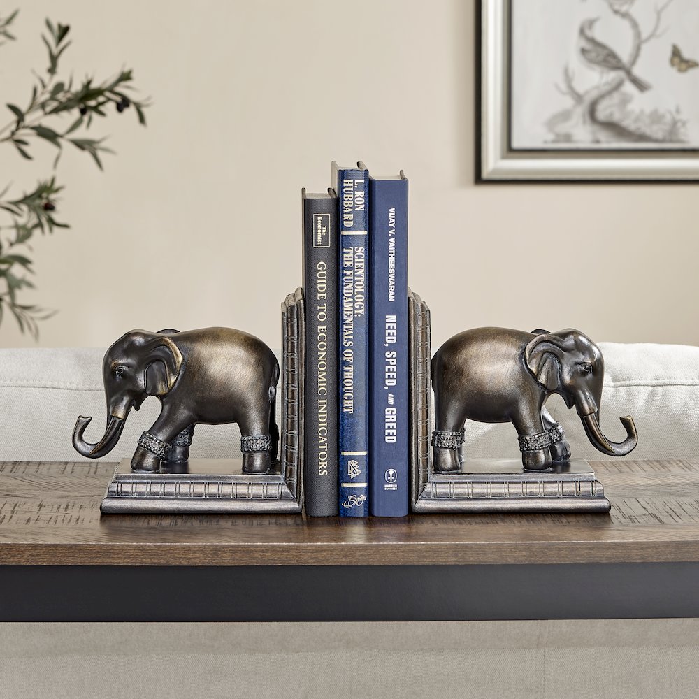 Ornate Elephants Polyresin Bronze Patina Finish Bookend Set of 2