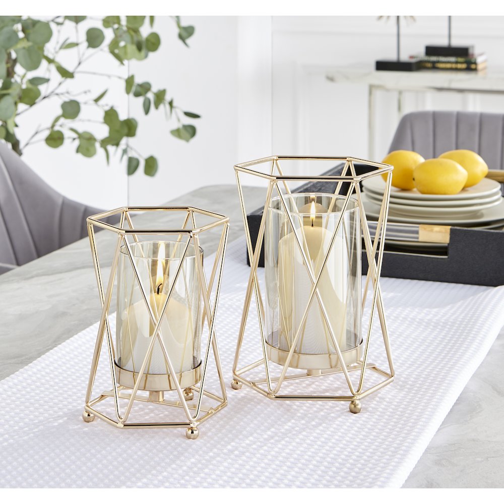 Prism Warm Gold Hurricane Candle Holders - Set of 2