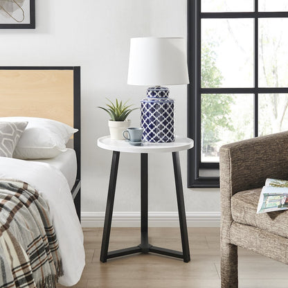 Harper Midcentury Round Raised Lip Edge Side Accent Table - White Marble/Black