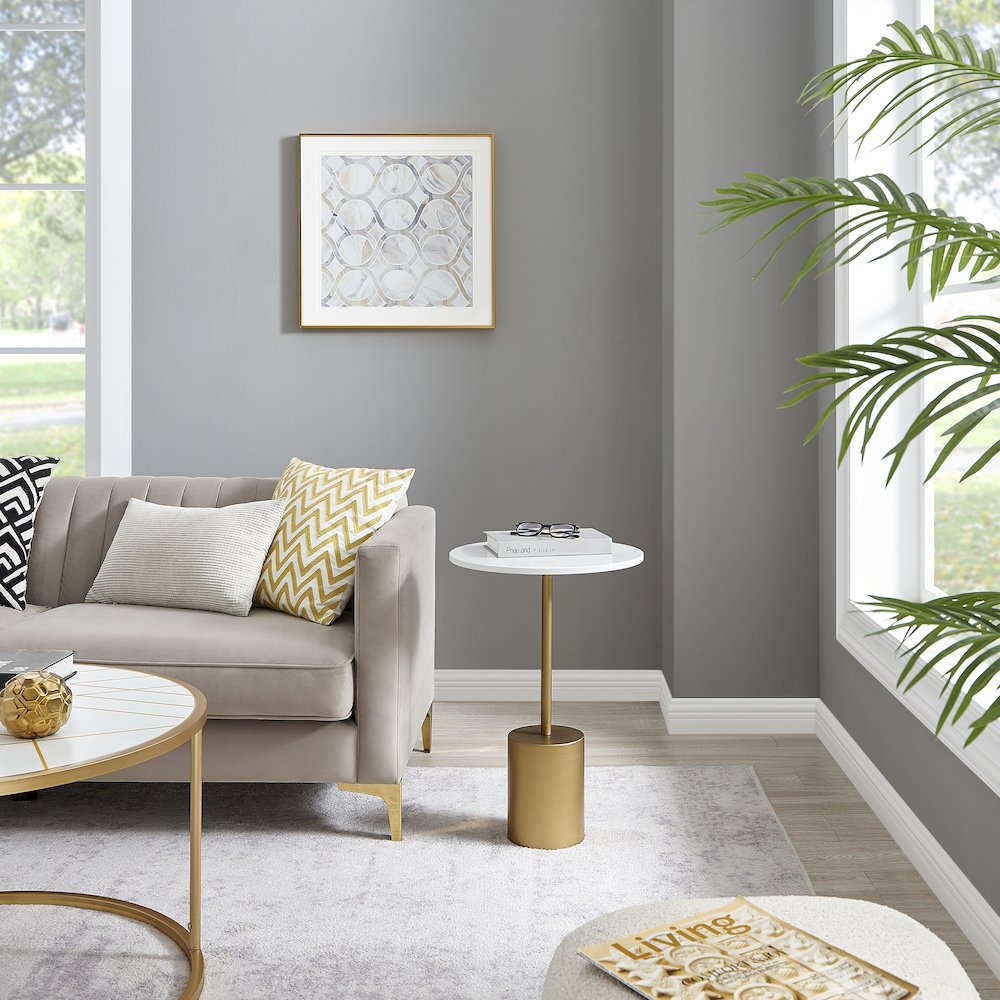Fritz Pedestal Side Accent Table with Gold Metal Base Genuine White Marble Stone
