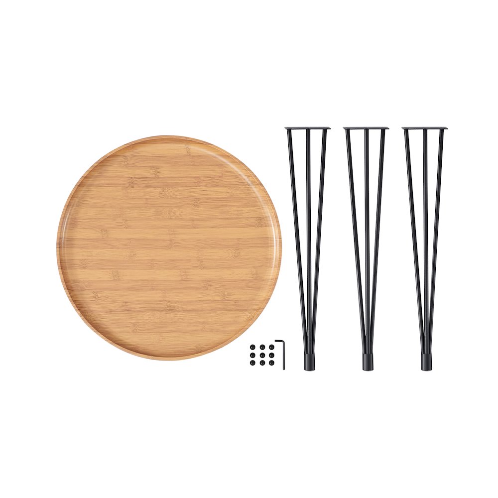 Tadao Raised Lip Edge Side Table with Black Metal Hairpin Legs - Round - Bamboo