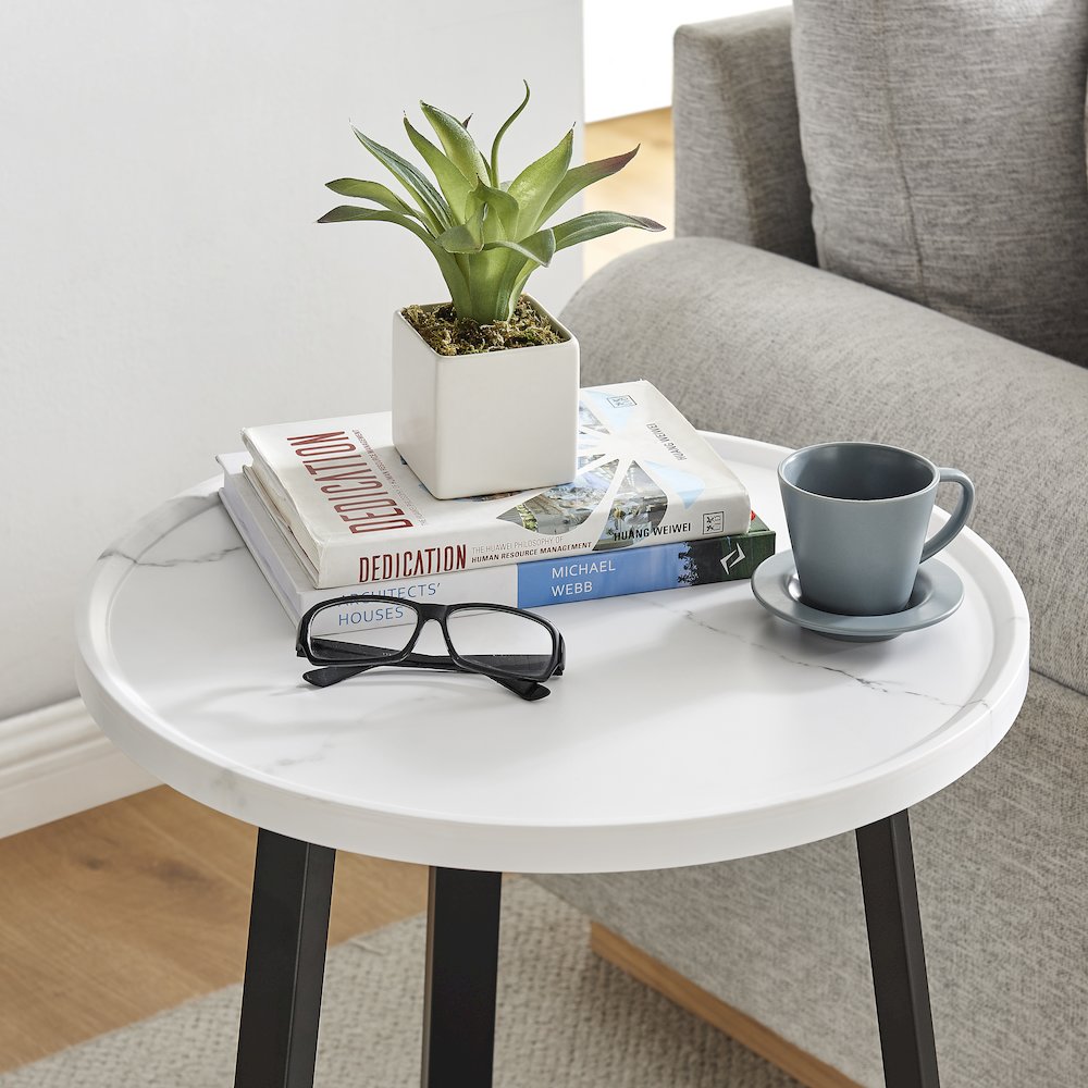 Harper Midcentury Round Raised Lip Edge Side Accent Table - White Marble/Black