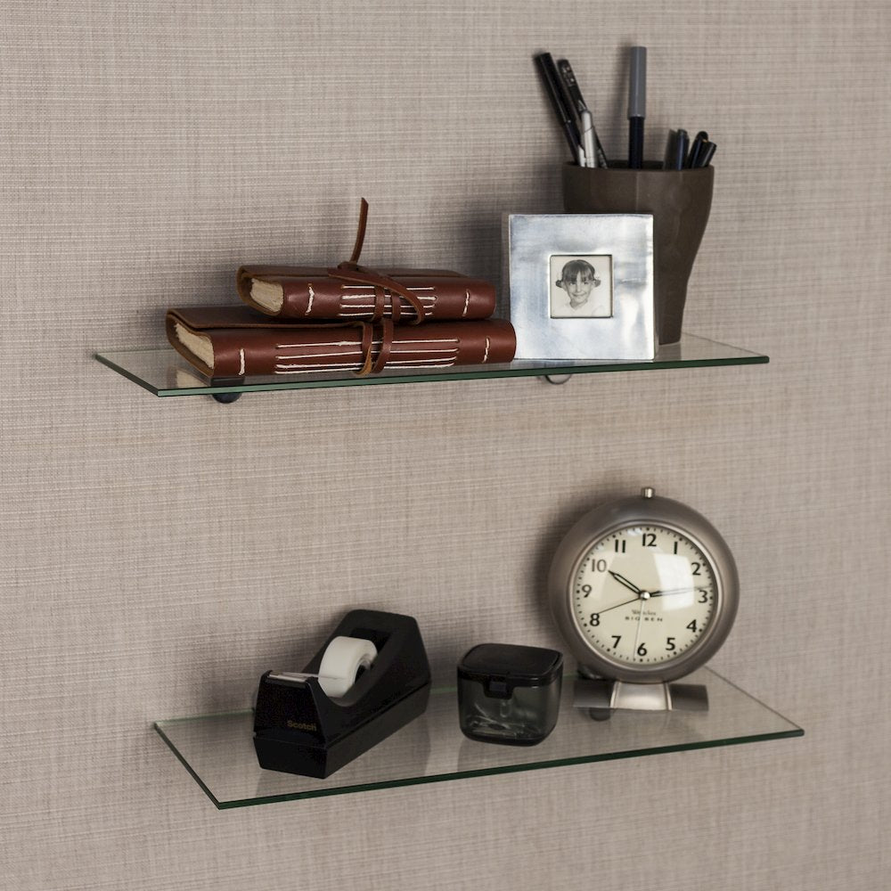 Set of 2 Clear Glass Floating Shelves with Chrome Brackets 16 x 6"