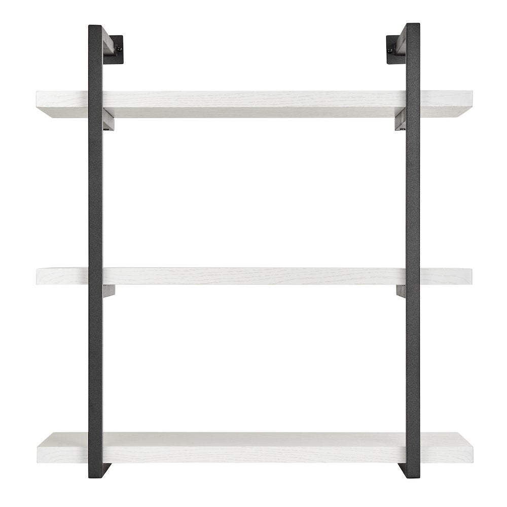 Modern 3-Tier Hanging Bracket Wall Shelves in Black Metal and White Birch Finish