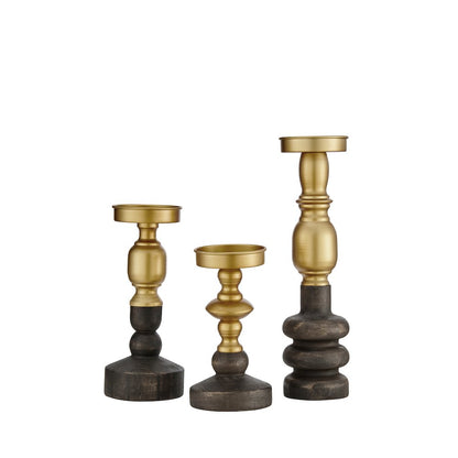 Nara Brass Wood Taper Candlestick Pillar Candle Holders - Set of 3