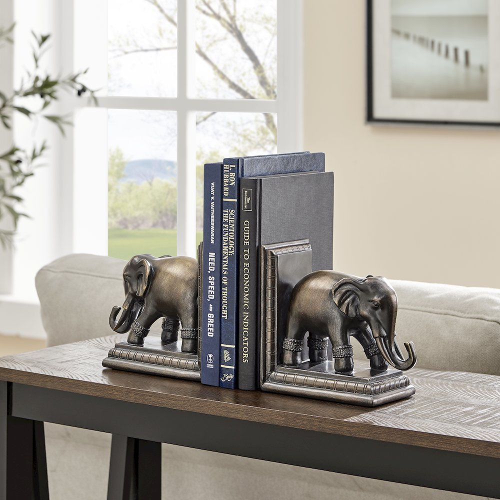 Ornate Elephants Polyresin Bronze Patina Finish Bookend Set of 2