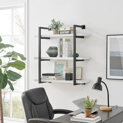 Modern 3-Tier Hanging Bracket Wall Shelves in Black Metal and White Birch Finish