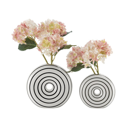 Etta 2 Piece Ceramic Black and White Striped Round Hollow Circle Donut Vase Set